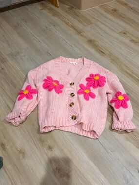 Pink Hand-Knit Floral Button Cardigan